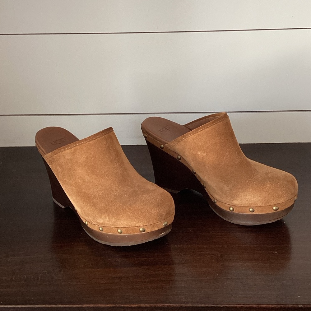 UGG Tan Suede Mules with Wooden Heel